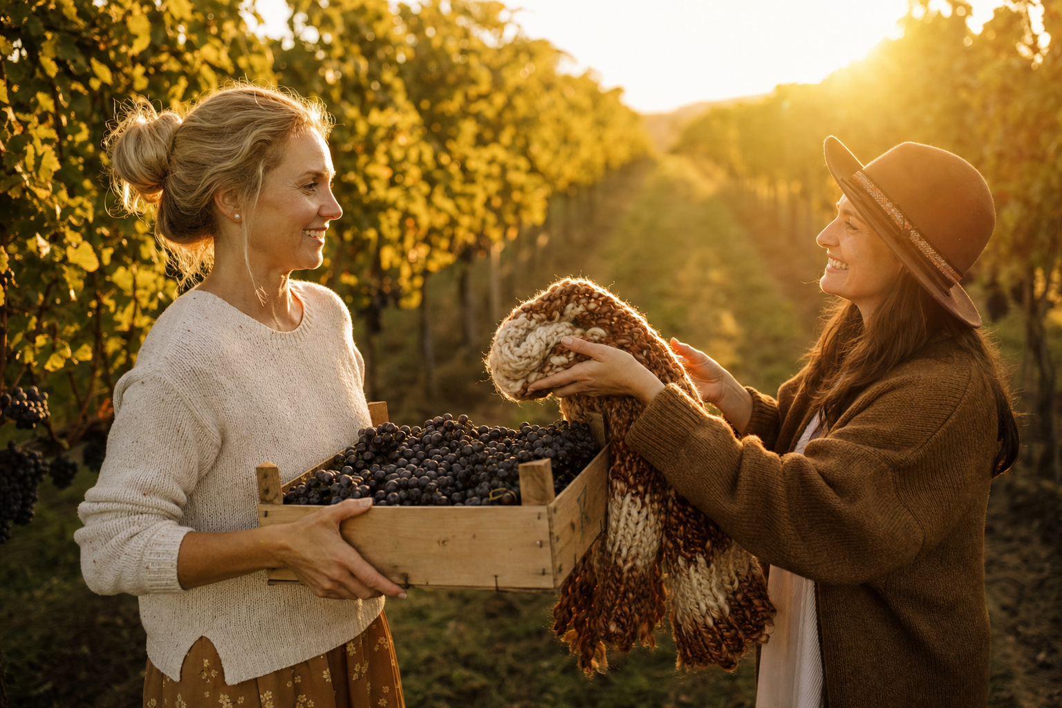 Two women swapping grapes for a knitted scarf in a vineyard at golden hour
